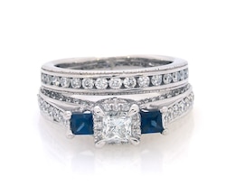 Previously Owned Princess-Cut Diamond & Blue Sapphire Bridal Set 1-1/5 ct tw 14K White Gold Size 5