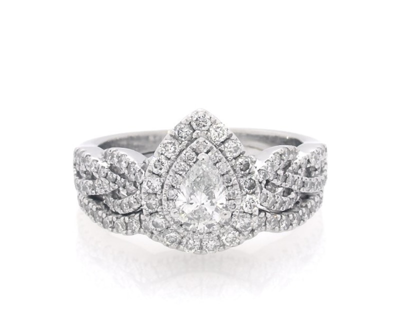 Main Image 1 of Previously Owned Neil Lane Pear-Shaped Diamond Double Halo Braided Bridal Set 7/8 ct tw 14K White Gold Size 6.75