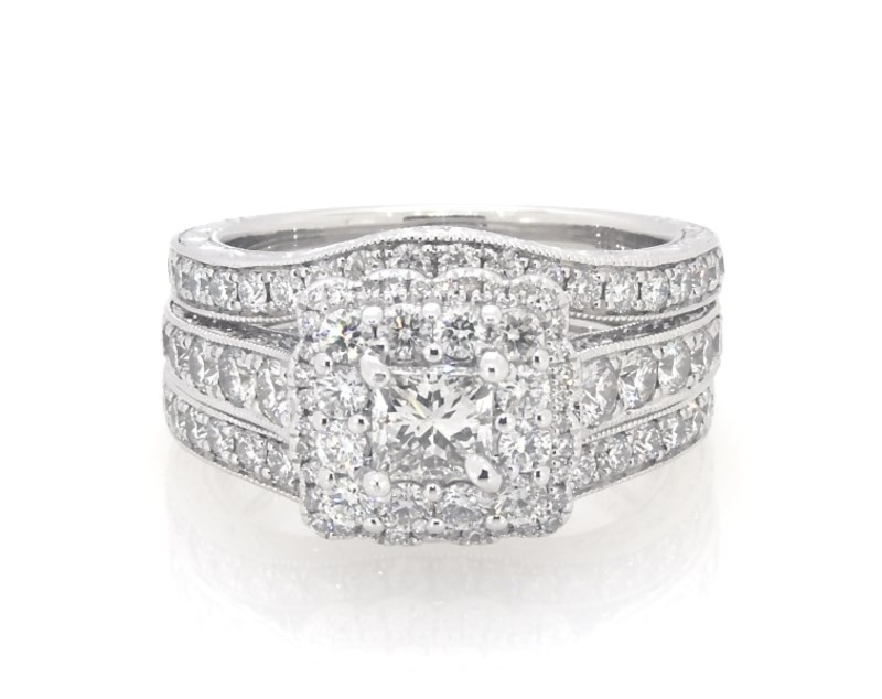 Main Image 1 of Previously Owned Neil Lane Princess-Cut Diamond Double Halo Bridal Set 2 ct tw 14K White Gold Size 6.5