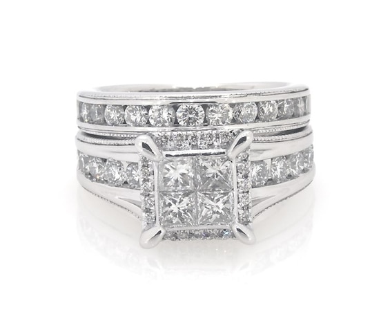 Previously Owned Princess-Cut Quad Diamond Halo Bridal Set 2 ct tw 14K White Gold Size 5.25