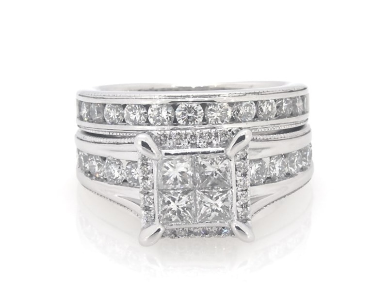 Main Image 1 of Previously Owned Princess-Cut Quad Diamond Halo Bridal Set 2 ct tw 14K White Gold Size 5.25