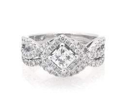 Previously Owned THE LEO Princess-Cut Diamond Halo Bridal Set 1-3/8 ct tw 14K White Gold Size 6.5