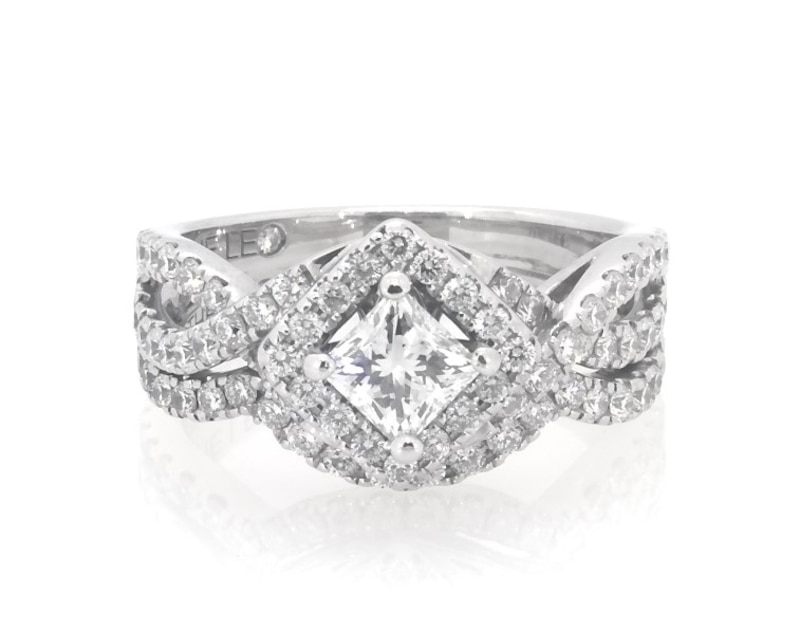 Main Image 1 of Previously Owned THE LEO Princess-Cut Diamond Halo Bridal Set 1-3/8 ct tw 14K White Gold Size 6.5