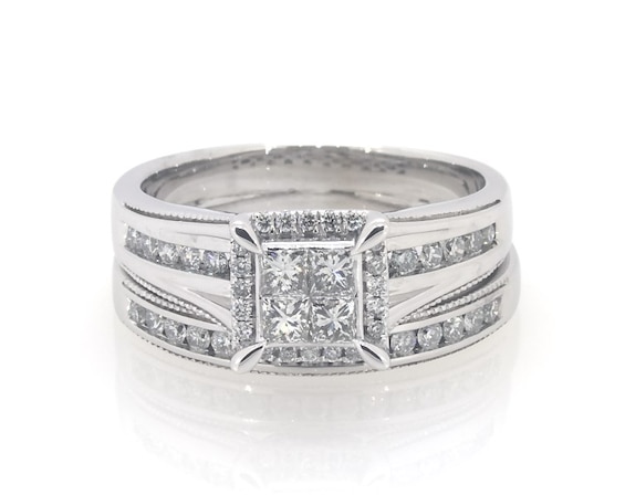 Previously Owned Princess-Cut Quad Diamond Bridal Set 7/8 ct tw 14K White Gold Size 8.5