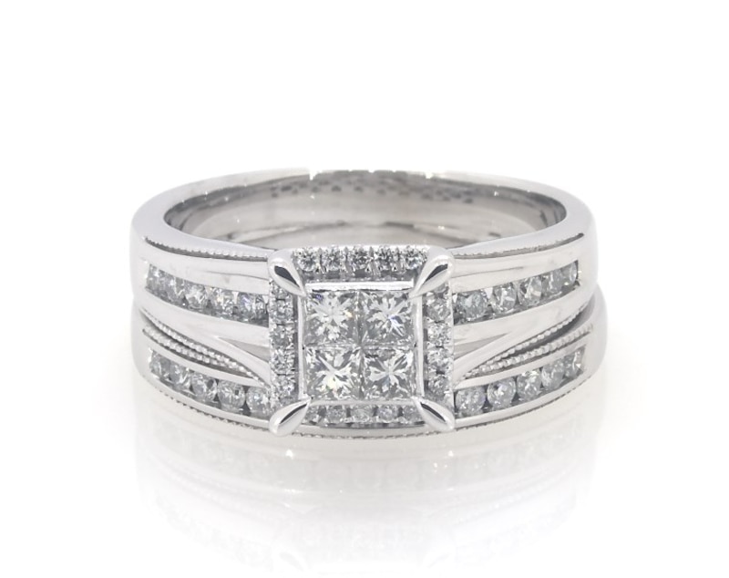 Main Image 1 of Previously Owned Princess-Cut Quad Diamond Bridal Set 7/8 ct tw 14K White Gold Size 8.5