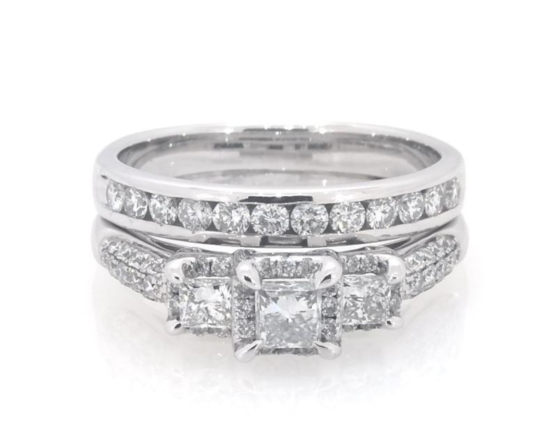 Main Image 1 of Previously Owned Princess-Cut Diamond Three-Stone Halo Bridal Set 1-3/8 ct tw 14K White Gold Size 8.5