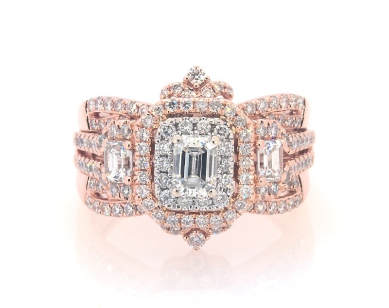 Main Image 1 of Previously Owned Emerald-Cut Diamond Double Halo Bridal Set 1-7/8 ct tw 14K Two-Tone Gold Size 9