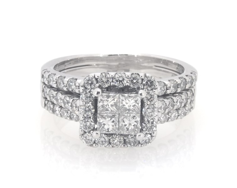 Main Image 1 of Previously Owned Princess-Cut Quad Diamond Halo Bridal Set 1-1/2 ct tw 14K White Gold Size 6
