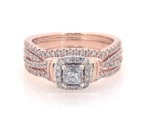 Previously Owned Princess-Cut Diamond Halo Bridal Set 7/8 ct tw 14K Two-Tone Gold Size 6.5