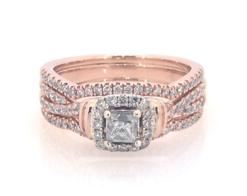 Main Image 1 of Previously Owned Princess-Cut Diamond Halo Bridal Set 7/8 ct tw 14K Two-Tone Gold Size 6.5