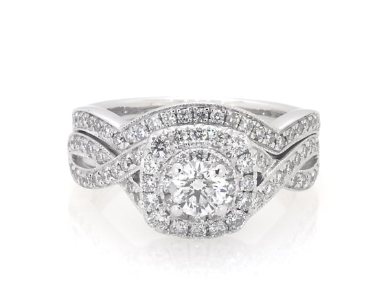 Previously Owned Neil Lane Round-Cut Diamond Double Halo Bridal Set 7/8 ct tw 14K White Gold Size 5.25