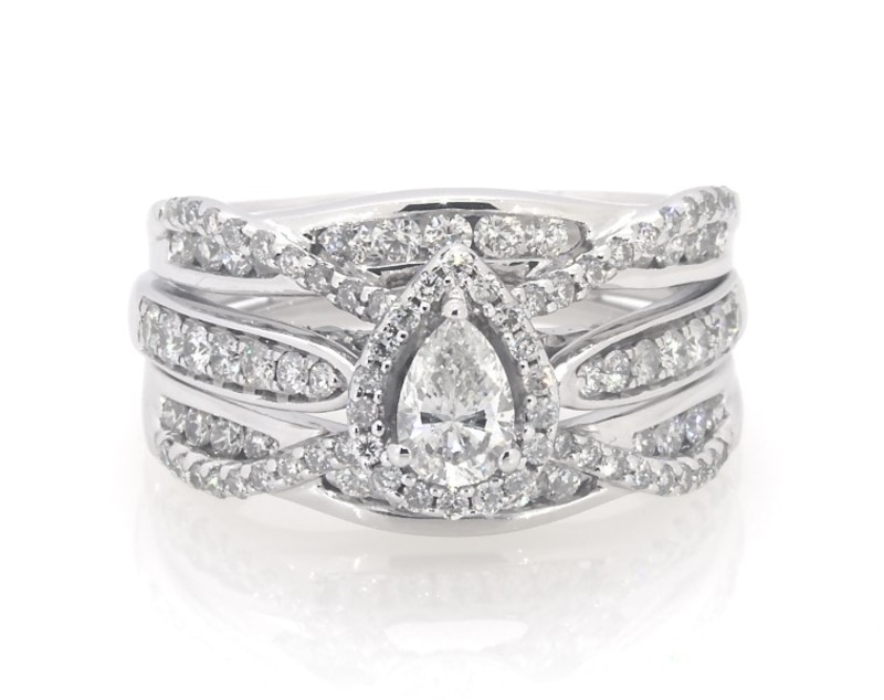 Main Image 1 of Previously Owned Pear-Shaped Diamond Halo Bridal Set 1-5/8 ct tw 14K White Gold Size 8.75