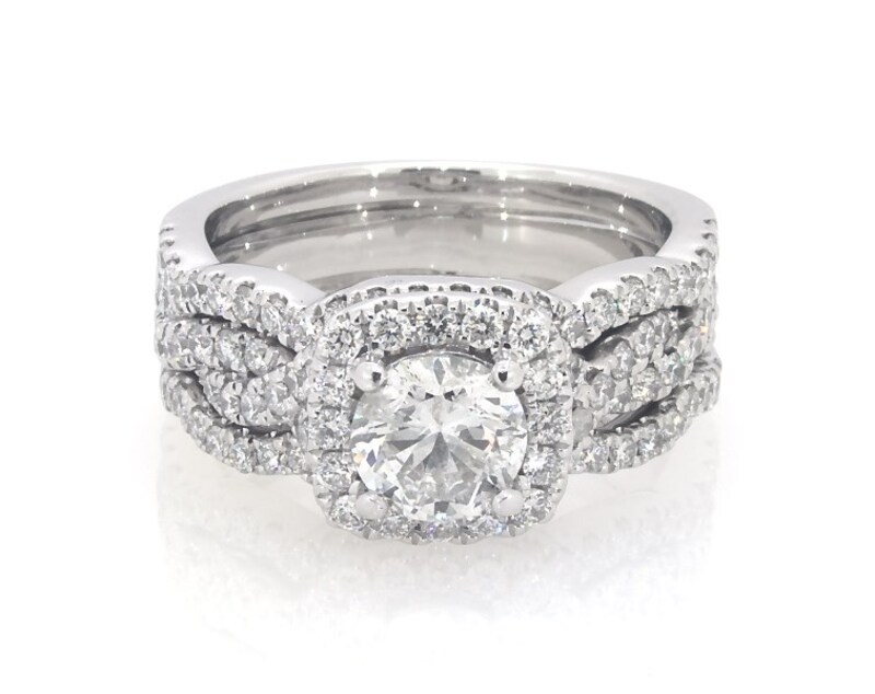 Main Image 1 of Previously Owned Round-Cut Diamond Halo Bridal Set 1-7/8 ct tw 14K White Gold Size 6.75