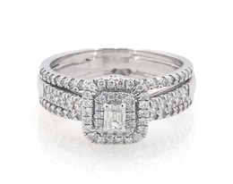 Previously Owned Emerald-Cut Diamond Double Halo Bridal Set 5/8 ct tw 14K White Gold Size 7.25