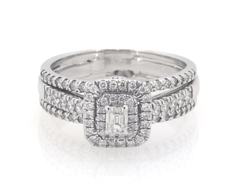 Main Image 1 of Previously Owned Emerald-Cut Diamond Double Halo Bridal Set 5/8 ct tw 14K White Gold Size 7.25