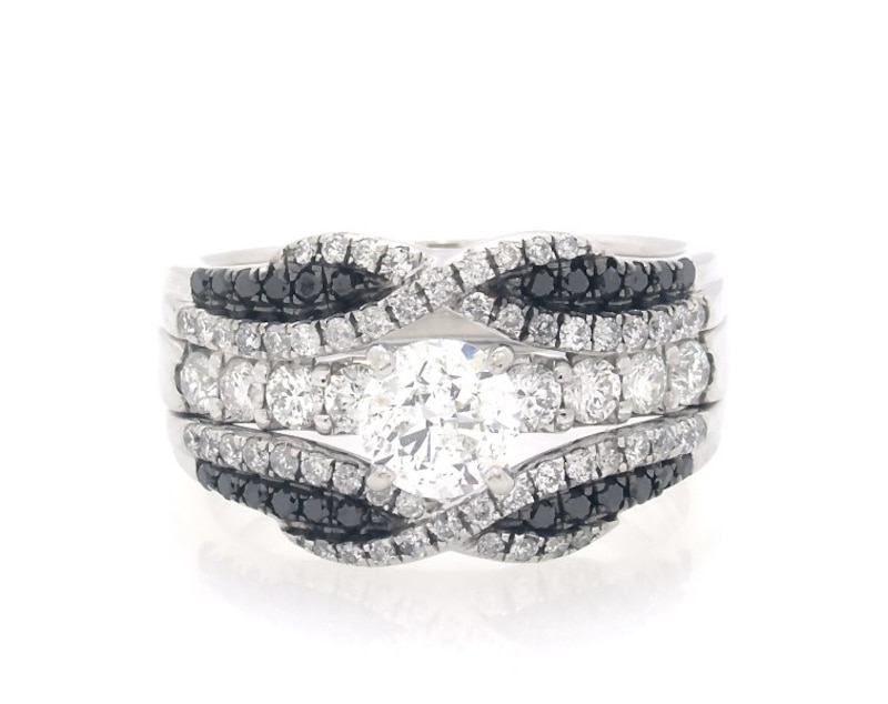 Main Image 1 of Previously Owned Round-Cut White Diamond & Black Diamond Bridal Set 1-5/8 ct tw 14K White Gold Size 6.75
