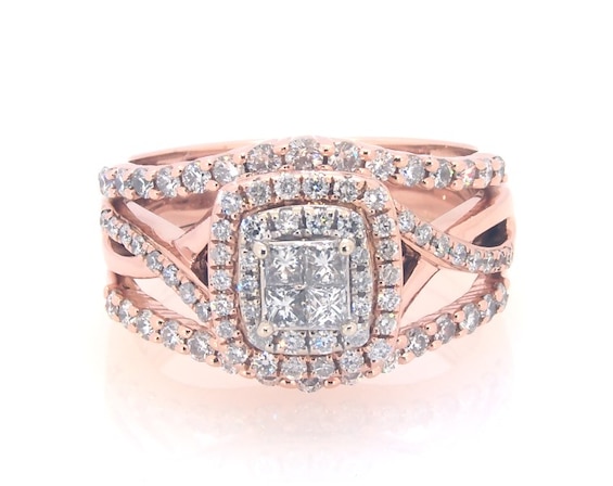 Previously Owned Princess-Cut Quad Diamond Double Halo Bridal Set 7/8 ct tw 14K Two-Tone Gold Size 7
