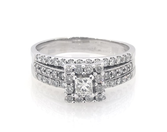 Previously Owned Princess-Cut Square Halo Bridal Set 1 ct tw 14K White Gold Size 8.75