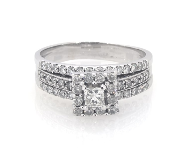 Main Image 1 of Previously Owned Princess-Cut Square Halo Bridal Set 1 ct tw 14K White Gold Size 8.75