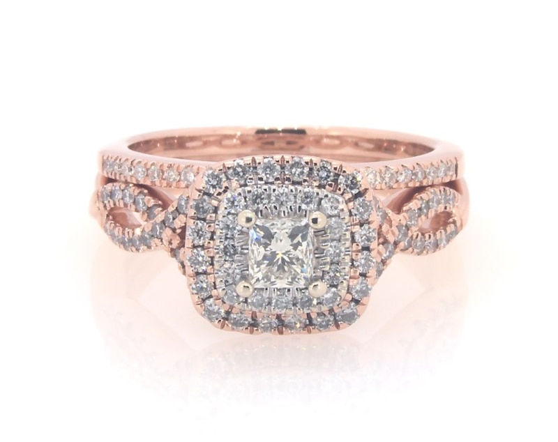 Main Image 1 of Previously Owned Princess-Cut Diamond Double Halo Bridal Set 3/4 ct tw 14K Two-Tone Gold Size 5.5