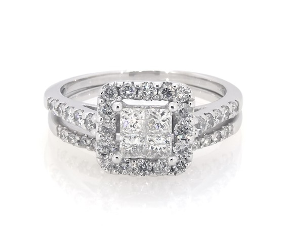 Previously Owned Princess-Cut Quad Diamond Halo Bridal Set 1 ct tw 14K White Gold Size 6.5