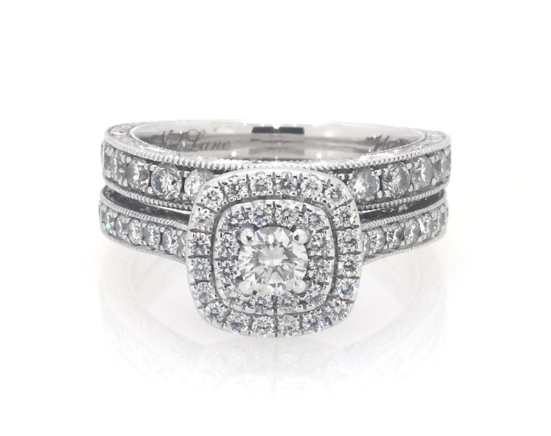 Main Image 1 of Previously Owned Neil Lane Round-Cut Diamond Double Halo Bridal Set 1-3/8 ct tw 14K White Gold Size 6.5