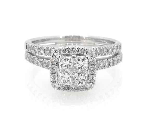 Previously Owned Princess-Cut Quad Diamond Halo Bridal Set 1-1/6 ct tw 14K White Gold 7