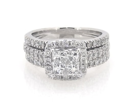 Previously Owned Princess-Cut Quad Diamond Halo Bridal Set 1-1/3 ct tw 14K White Gold Size 5.5