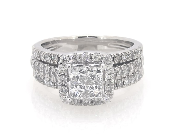Previously Owned Princess-Cut Quad Diamond Halo Bridal Set 1-1/3 ct tw 14K White Gold Size 5.5
