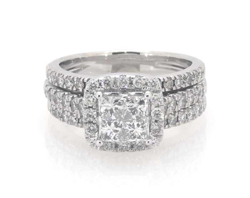 Main Image 1 of Previously Owned Princess-Cut Quad Diamond Halo Bridal Set 1-1/3 ct tw 14K White Gold Size 5.5