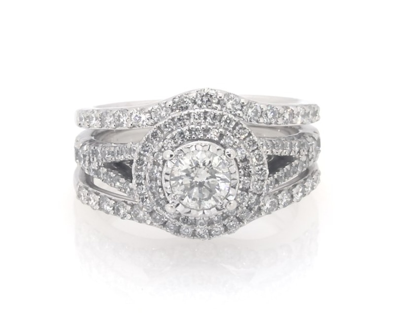 Main Image 1 of Previously Owned Round-Cut Diamond Double Halo Bridal Set 1-1/4 ct tw 14K White Gold Size 5.5