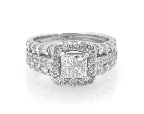 Previously Owned Princess-Cut Quad Diamond Halo Bridal Set 1-7/8 ct tw 14K White Gold Size 6