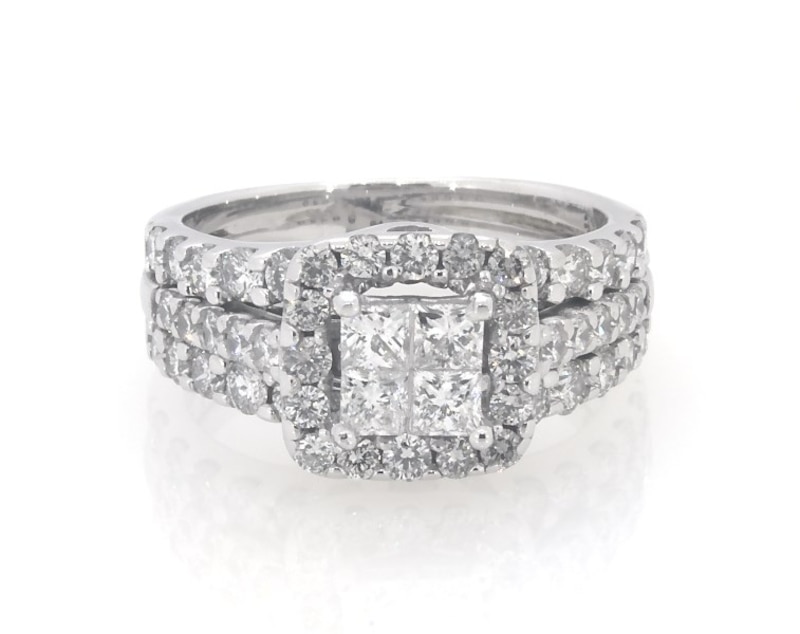 Main Image 1 of Previously Owned Princess-Cut Quad Diamond Halo Bridal Set 1-7/8 ct tw 14K White Gold Size 6