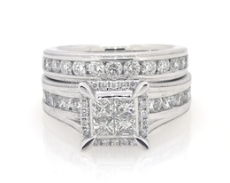 Previously Owned Princess-Cut Quad Diamond Halo Bridal Set 2 ct tw 14K White Gold Size 5.75