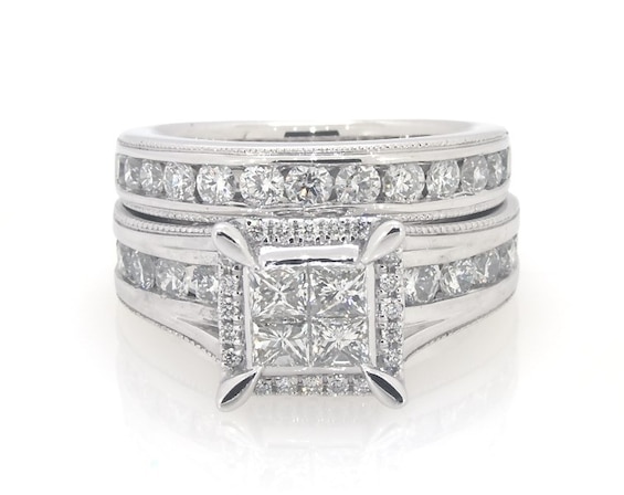 Previously Owned Princess-Cut Quad Diamond Halo Bridal Set 2 ct tw 14K White Gold 5.75