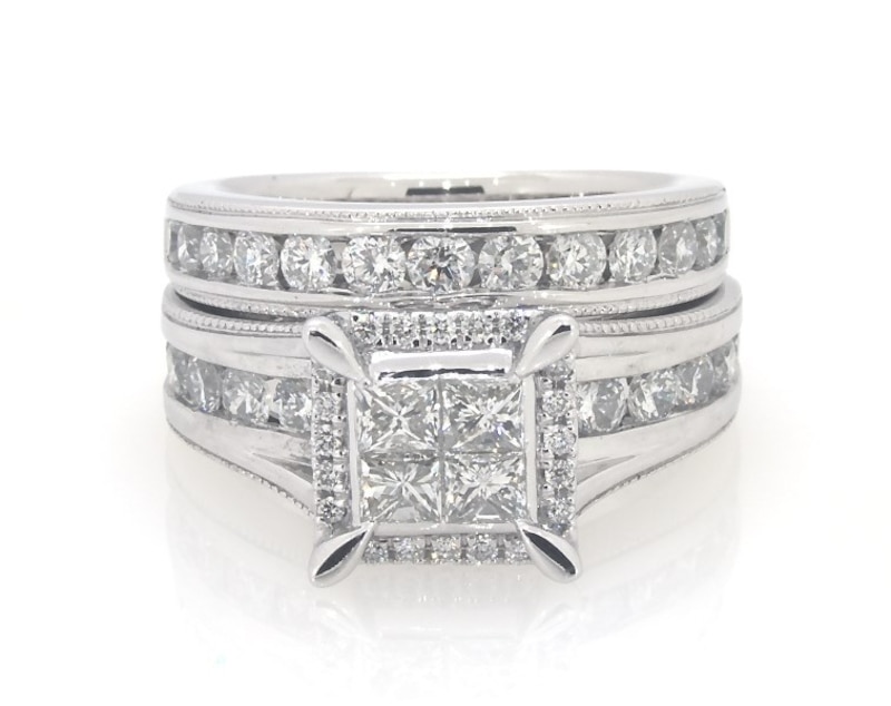 Main Image 1 of Previously Owned Princess-Cut Quad Diamond Halo Bridal Set 2 ct tw 14K White Gold Size 5.75