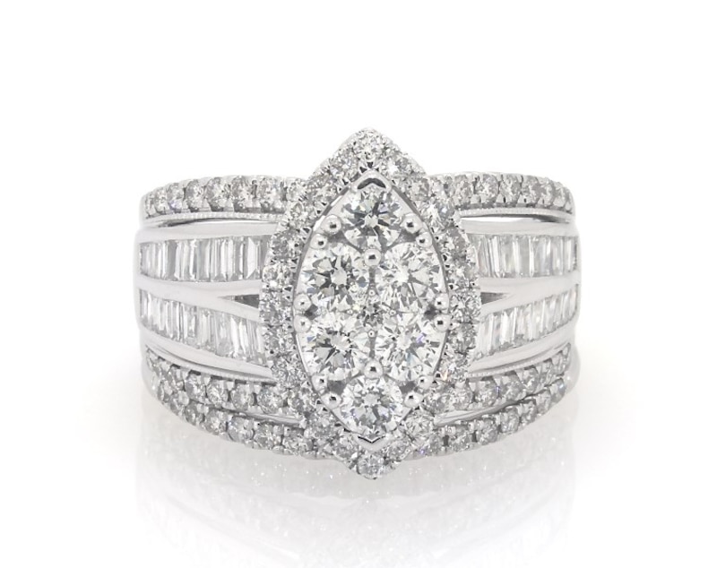 Main Image 1 of Previously Owned Round-Cut Multi-Diamond Marquise Halo Bridal Set 3-1/5 ct tw 10K White Gold Size 11.75