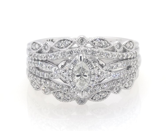 Previously Owned Marquise-Cut Diamond Halo Bridal Set 3/4 ct tw 14K White Gold Size 6