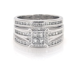 Previously Owned Princess-Cut Quad Diamond Halo Bridal Set 1-1/6 ct tw 14K White Gold Size 8.5