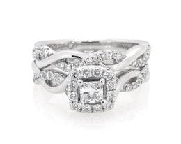 Previously Owned Diamond Princess-Cut Halo Bridal Set 7/8 ct tw 14K White Gold Size 7