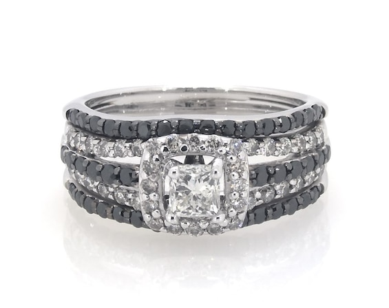 Previously Owned Black & White Diamond Bridal Set 1-1/4 ct tw Princess & Round-Cut 14K White Gold Size