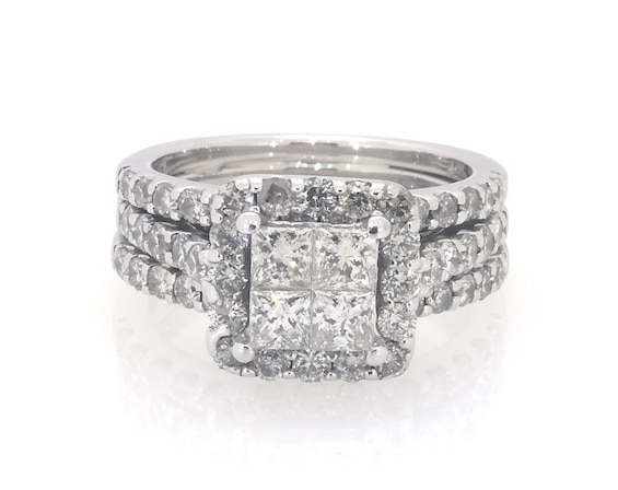 Previously Owned Princess-Cut Quad Diamond Cushion Halo Bridal Set 2 ct tw 14K White Gold 5.25
