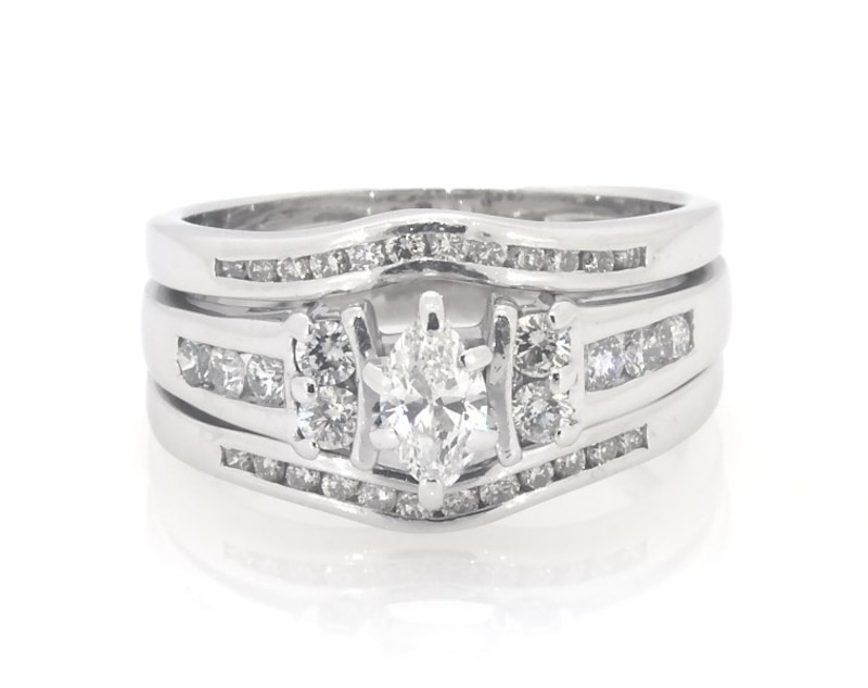 Main Image 1 of Previously Owned Marquise-Cut Diamond Bridal Set 7/8 ct tw 14K White Gold Size 7.75