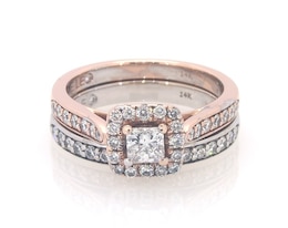 Previously Owned THE LEO Diamond Princess-Cut Halo Bridal Set 7/8 ct tw 14K Two-Tone Gold Size 6.5