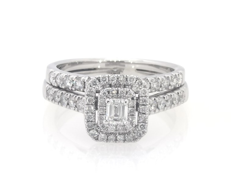 Main Image 1 of Previously Owned Emerald-Cut Diamond Double Halo Bridal Set 3/4 ct tw 10K White Gold Size 5.25