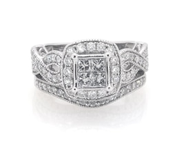 Previously Owned Princess-Cut Quad Diamond Halo Bridal Set 1-1/8 ct tw 10K White Gold Size 5.75