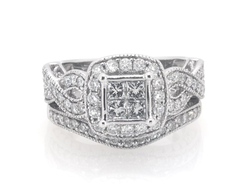 Main Image 1 of Previously Owned Princess-Cut Quad Diamond Halo Bridal Set 1-1/8 ct tw 10K White Gold Size 5.75