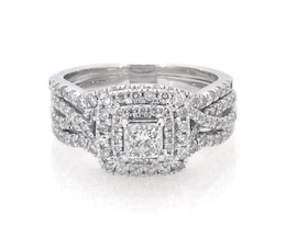 Previously Owned Princess-Cut Diamond Double Halo Bridal Set 1-1/5 ct tw 14K White Gold Size 6.25