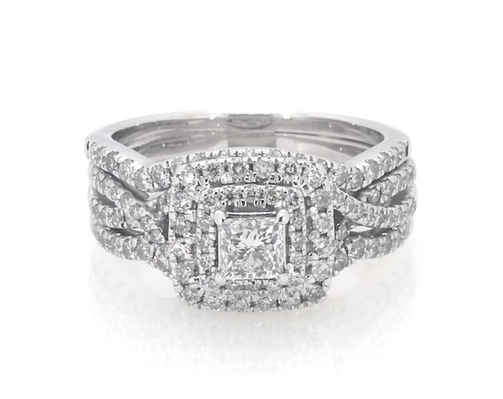 Previously Owned Princess-Cut Diamond Double Halo Bridal Set 1-1/5 ct tw 14K White Gold Size 6.25