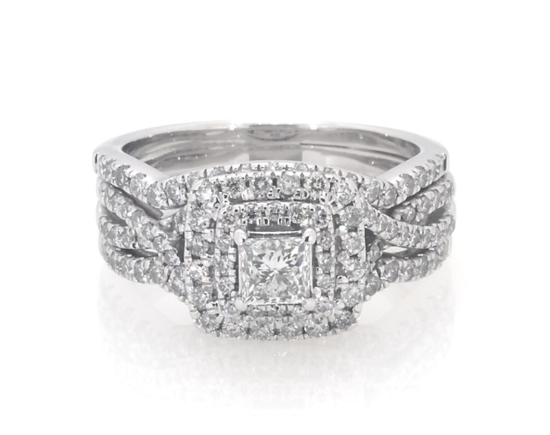 Main Image 1 of Previously Owned Princess-Cut Diamond Double Halo Bridal Set 1-1/5 ct tw 14K White Gold Size 6.25